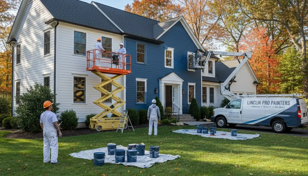 Professional house painters working on residential exterior in Burlington MA