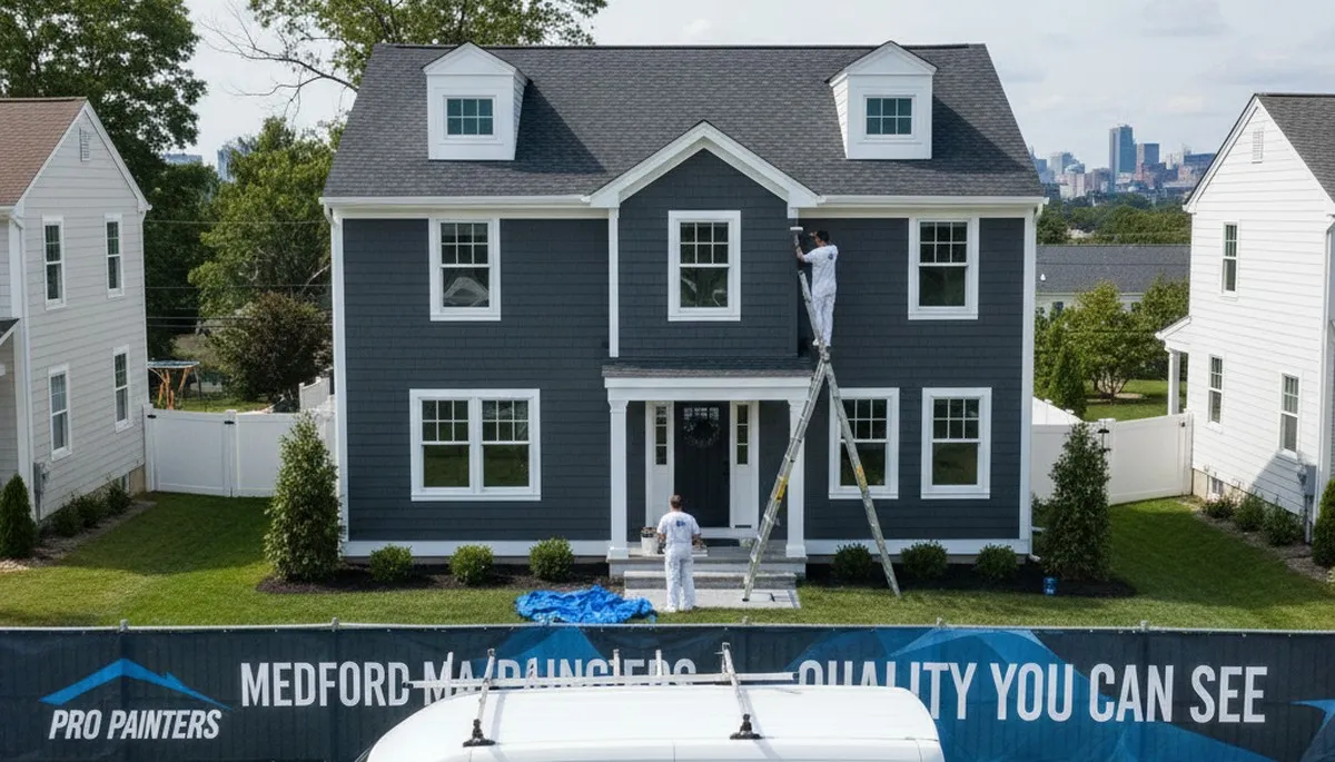 Professional house painters finishing exterior home painting in Burlington MA