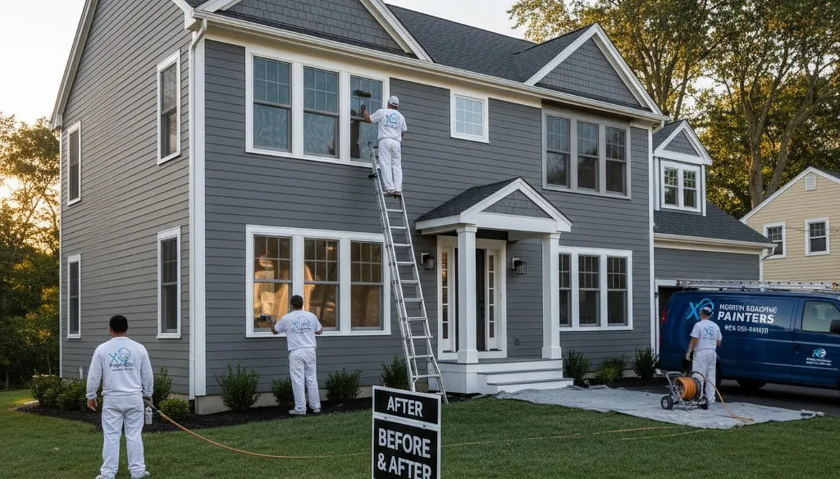 Professional house painters in Burlington MA applying exterior paint to a suburban home
