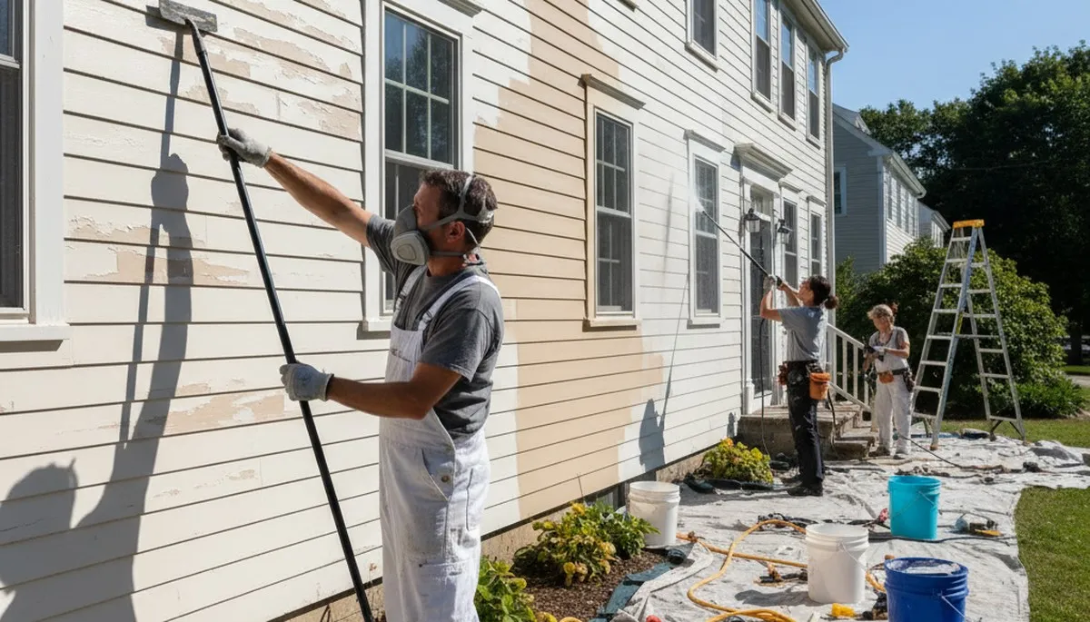 Surface preparation for exterior house painting in Burlington, MA by professional painters