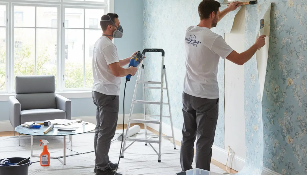 Professional wallpaper removal in Burlington MA home by experienced house painting crew